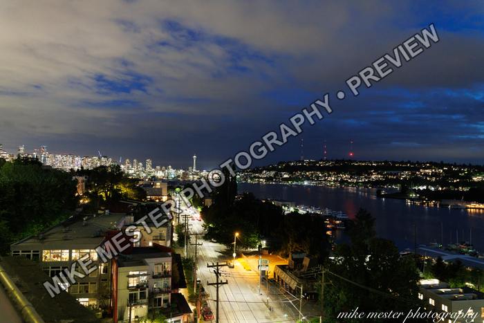 Protected preview of Seattle Across Lake Union at Blue Hour, an original Mike Mester photograph