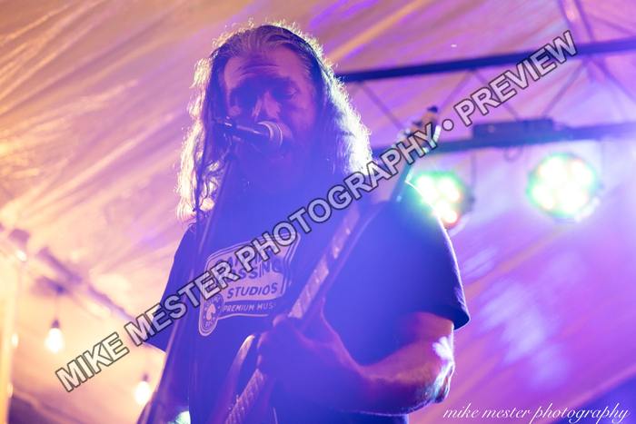 Bearded guitarist performing beneath bright purple stage lights.